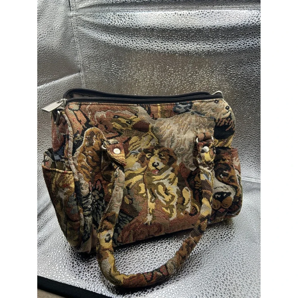 Vintage Dog Breed Tapestry Satchel Handbag with Matching Coin Purse Brown Multi